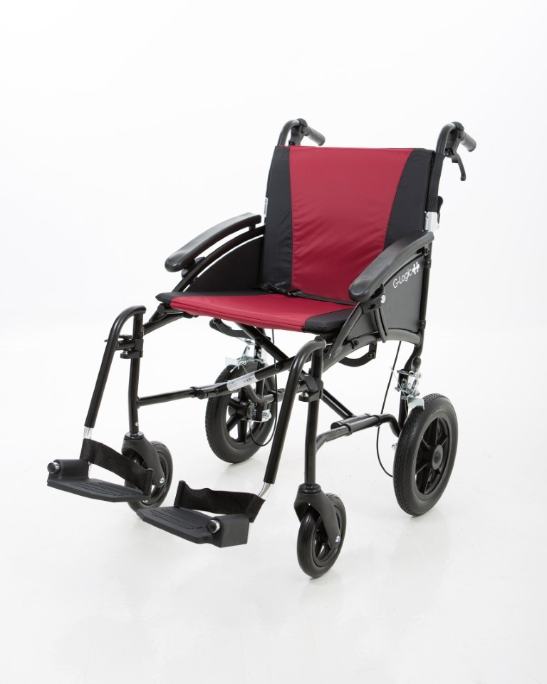 Excel G-Logic Lightweight Transit Wheelchair With 16'' Black Frame and Red Upholstery